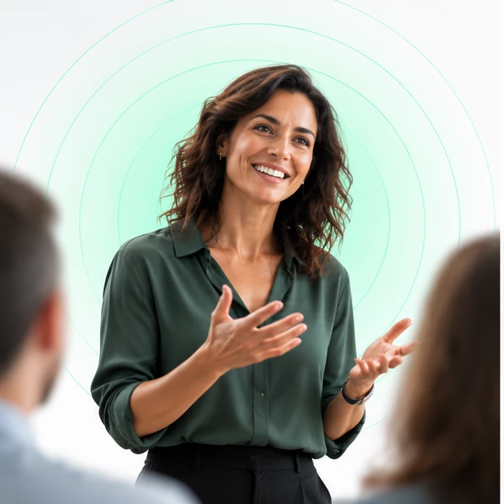 Trainer smiling as she speaks to a group