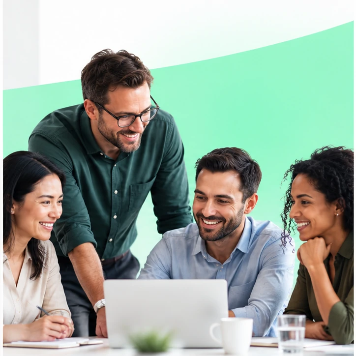 Four colleagues smiling together around a laptop